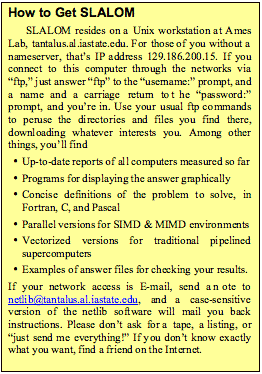 Text Box: How to Get SLALOMSLALOM resides on a Unix workstation at Ames Lab, tantalus.al.iastate.edu. For those of you without a nameserver, thats IP address 129.186.200.15. If you connect to this computer through the networks via ftp, just answer ftp to the username: prompt, and a name and a carriage return to the password: prompt, and youre in. Use your usual ftp commands to peruse the directo-ries and files you find there, downloading whatever interests you. Among other things, youll find Up-to-date reports of all computers measured so far Programs for displaying the answer graphically Concise definitions of the problem to solve, in Fortran, C, and Pascal Parallel versions for SIMD & MIMD environ-ments Vectorized versions for traditional pipelined supercomputers Examples of answer files for checking your re-sults.If your network access is E-mail, send a note to netlib@tantalus.al.iastate.edu, and a case-sensitive version of the netlib software will mail you back in-structions. Please dont ask for a tape, a listing, or just send me everything! If you dont know ex-actly what you want, find a friend on the Internet.